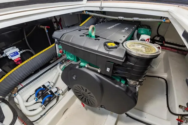 Slide: The Image of Engine compartment of 2023 Pescador 35 boat, featuring a Volvo Penta engine. - 45