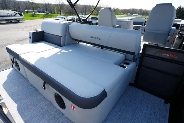 Slide: The Image of 2026 Harris Cruiser 230 SLDH pontoon boat with spacious seating and modern design. - 18