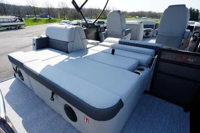 Slide: The Image of 2026 Harris Cruiser 230 SLDH pontoon boat interior with spacious seating and modern design. - 20