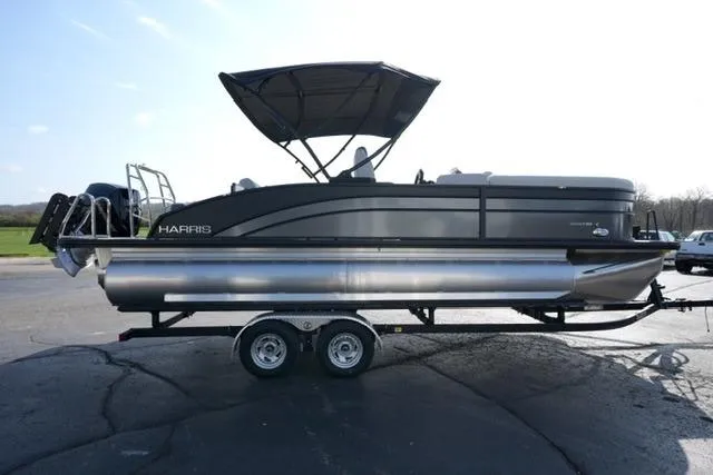 Slide: The Image of 2026 Harris Cruiser 230 SLDH pontoon boat on trailer, side view. - 8