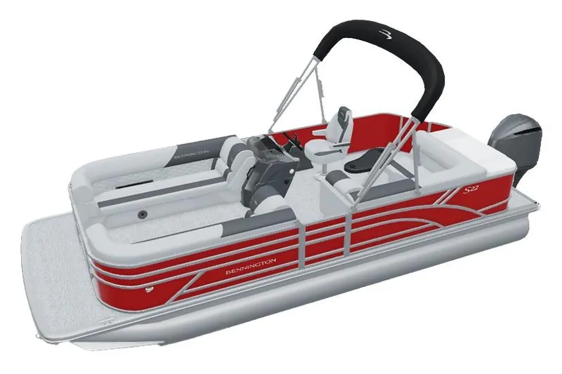 Slide: The Image of Manufacturer Provided Image: 2026 Bennington 20 S-One L-Bench pontoon boat, red and white design, side view. - 2