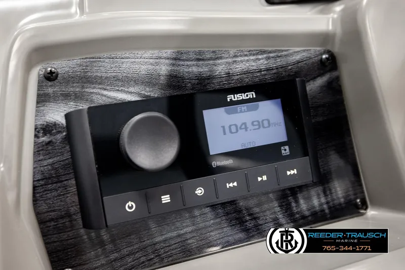 Slide: The Image of Fusion radio display in 2026 Avalon VEN RF boat dashboard, tuned to 104.9 FM. - 29