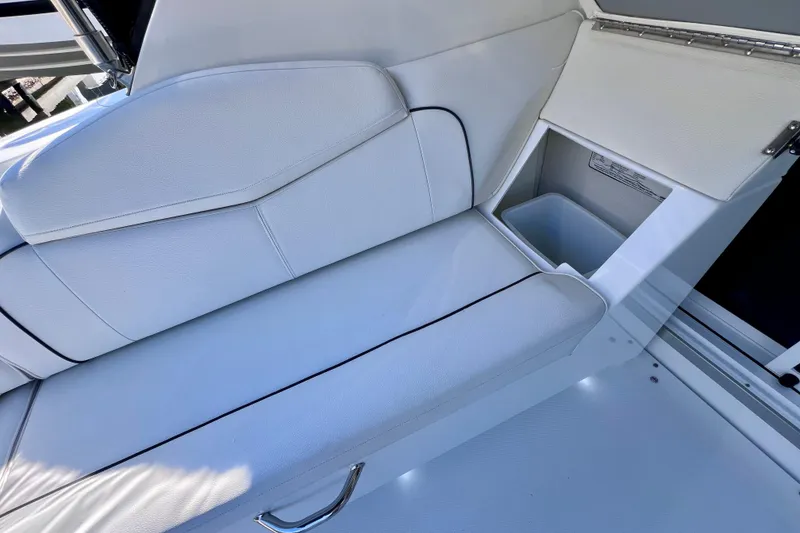 Slide: The Image of 2018 Cruisers Yachts 41 Cantius cockpit with white seating and dual tables. - 22
