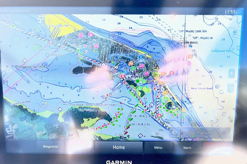 Slide: The Image of Garmin marine navigation display on 2018 Cruisers Yachts 41 Cantius, showing detailed nautical chart. - 42