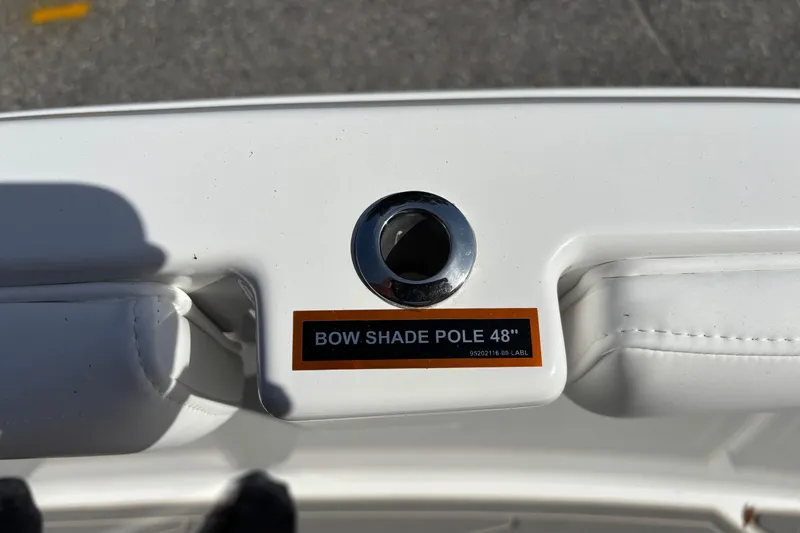 Slide: The Image of 2026 Monterey Elite 25 OB boat, bow shade pole holder, labeled "BOW SHADE POLE 48"." - 36