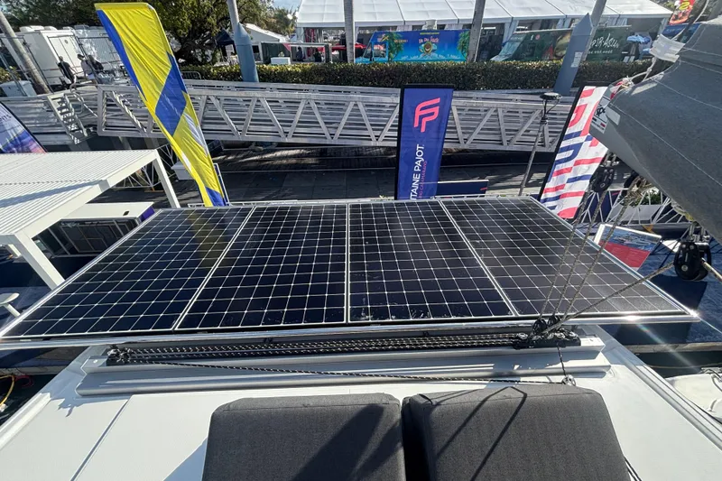 Slide: The Image of Solar panels on 2025 Fountaine Pajot 41 catamaran at a boat show. - 38