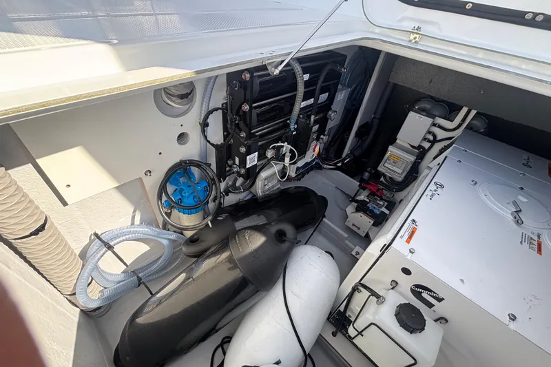 Slide: The Image of Engine compartment of 2025 Fountaine Pajot 41 yacht, showcasing mechanical components and systems. - 48