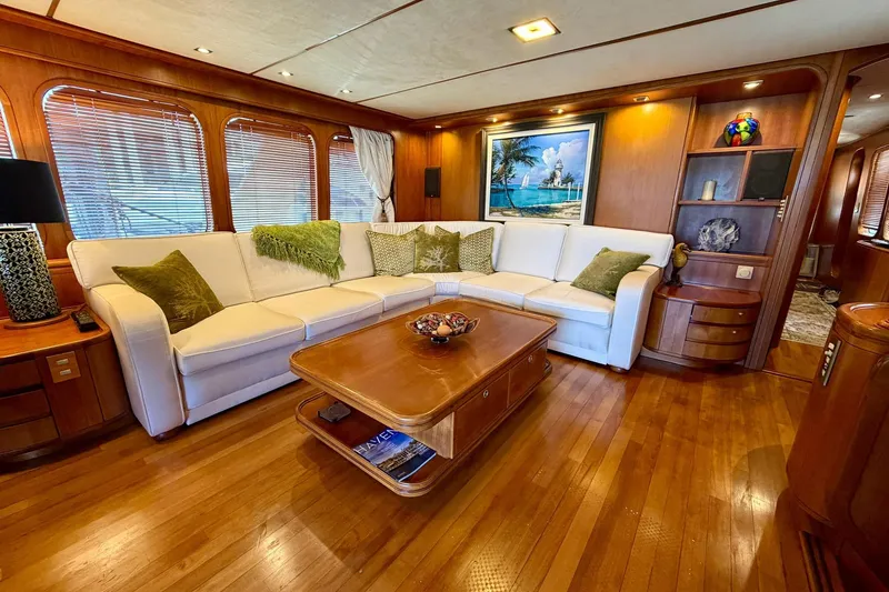 Slide: The Image of Luxurious interior of 1989 Moonen 85 Long Range Cruiser with elegant wood finishes. - 18