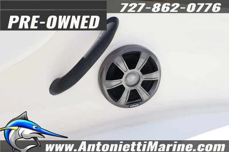 Slide: The Image of Pre-owned 2019 Sea Ray SPX 190 Outboard boat speaker detail with contact information. - 16