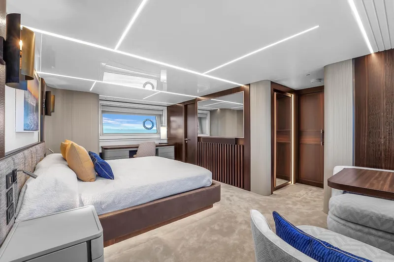 Slide: The Image of Luxurious 2024 Sunseeker Ocean 182 yacht bedroom with modern design and elegant furnishings. - 14