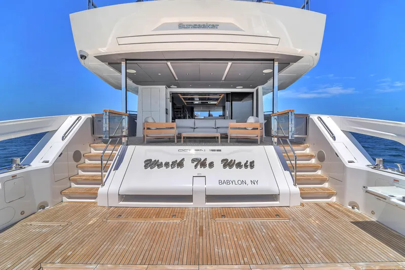 Slide: The Image of Luxury Sunseeker Ocean 182 yacht, 2024 model, with elegant deck and open interior. - 2