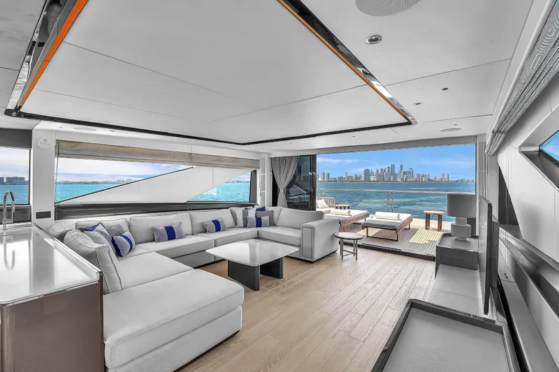 Slide: The Image of Luxurious Sunseeker Ocean 182 yacht interior with city skyline view, 2024 model. - 27