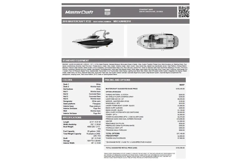Slide: The Image of 2018 MasterCraft XT22 boat specifications and pricing details, featuring standard equipment and color options. - 15