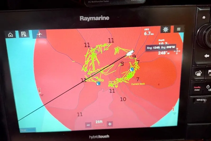 Slide: The Image of Raymarine navigation display on 2009 Beneteau Oceanis 43 sailboat, showing current track and depth. - 61