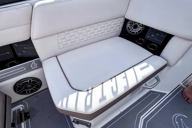 Slide: The Image of Luxurious seating on 2026 Ingenity EL boat with modern design and integrated speakers. - 26