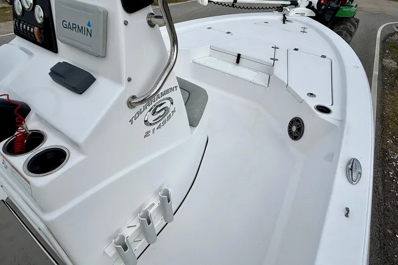 Slide: The Image of 2020 Sportsman Tournament 214 SBX Bay Boat with Garmin system, sleek white deck design. - 14