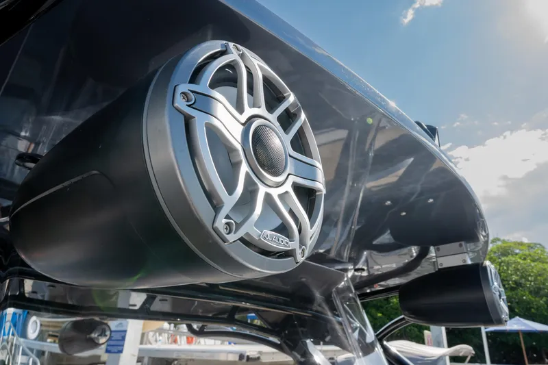 Slide: The Image of Close-up of a speaker on a 2022 Midnight Express 37' Open boat. - 33