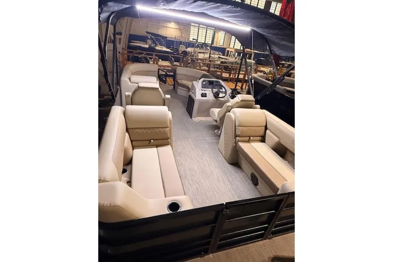 Slide: The Image of 2026 Veranda VISTA 22FRC Tri-toon boat interior with luxurious seating and modern design. - 2