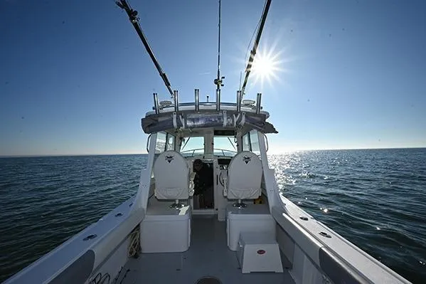 Slide: The Image of 2026 Steiger Craft 255 Miami boat on open water under bright sun. - 3