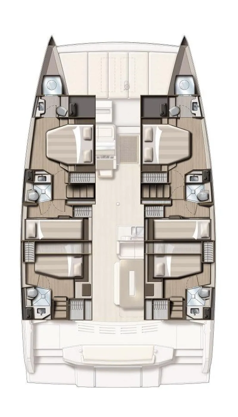 Slide: The Image of Floor plan of a 2021 Bali 4.8 catamaran, featuring multiple cabins and bathrooms. - 18
