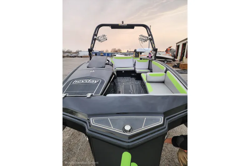 Slide: The Image of 2017 Heyday WT-2 boat with sleek design and modern seating, docked outdoors. - 3