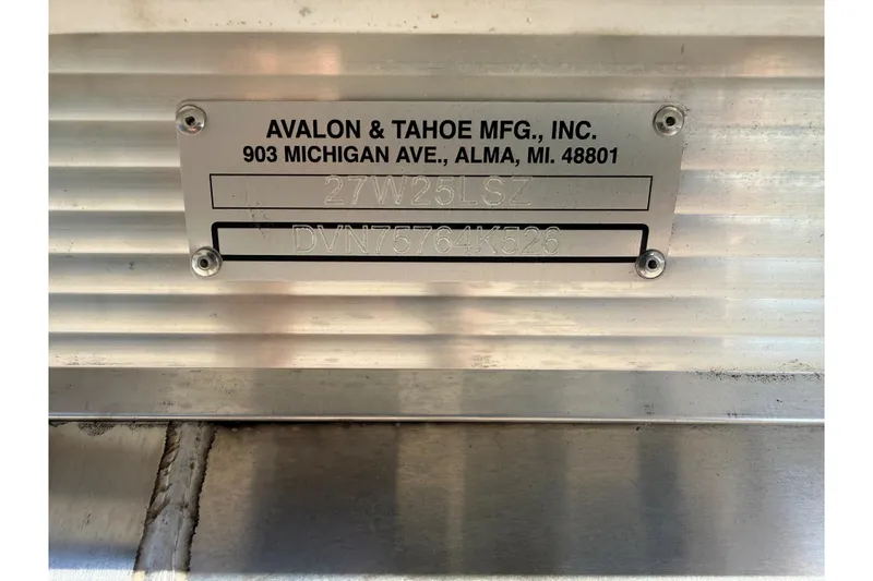 Slide: The Image of Metal identification plate on Avalon 2585 LSZ Entertainer, 2026 model, by Avalon & Tahoe Mfg. - 33