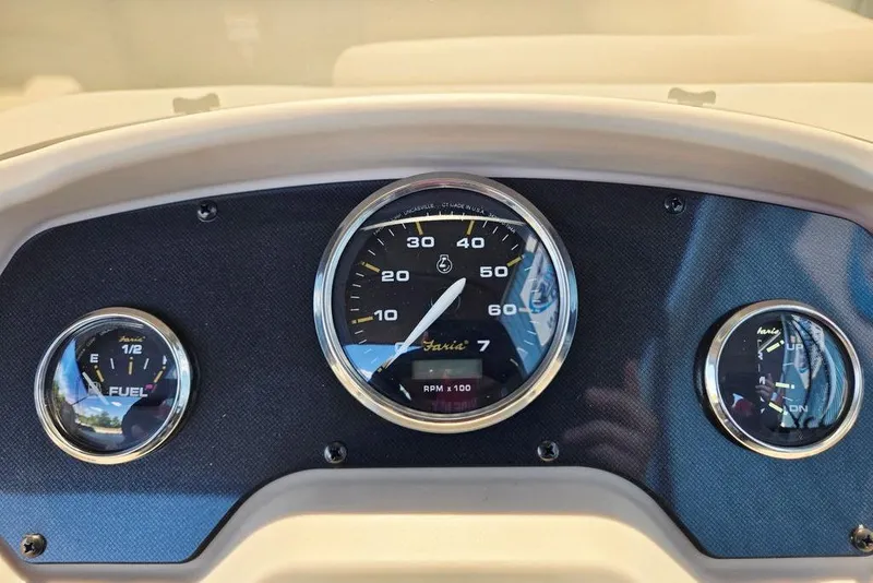 Slide: The Image of Dashboard of 2025 Godfrey Xperience 2086 SFLX, featuring speedometer and fuel gauge. - 12