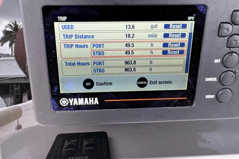Slide: The Image of Yamaha display on 2017 Sea Fox 288 Commander showing trip and total hours. - 11