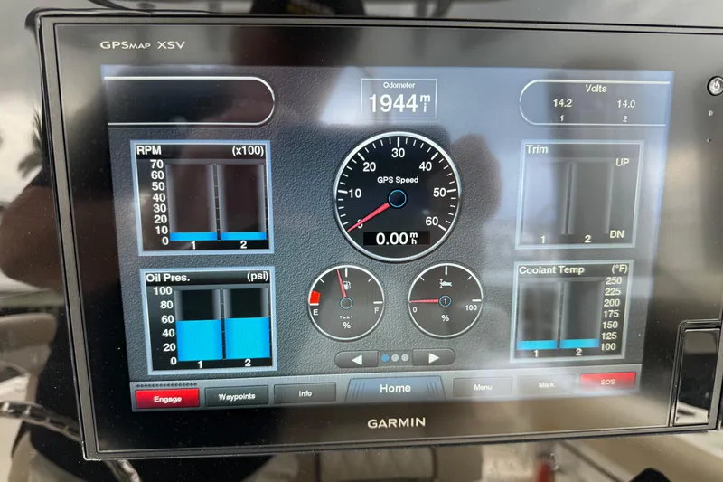 Slide: The Image of Garmin GPS display on 2017 Sea Fox 288 Commander showing speed, RPM, and engine metrics. - 14