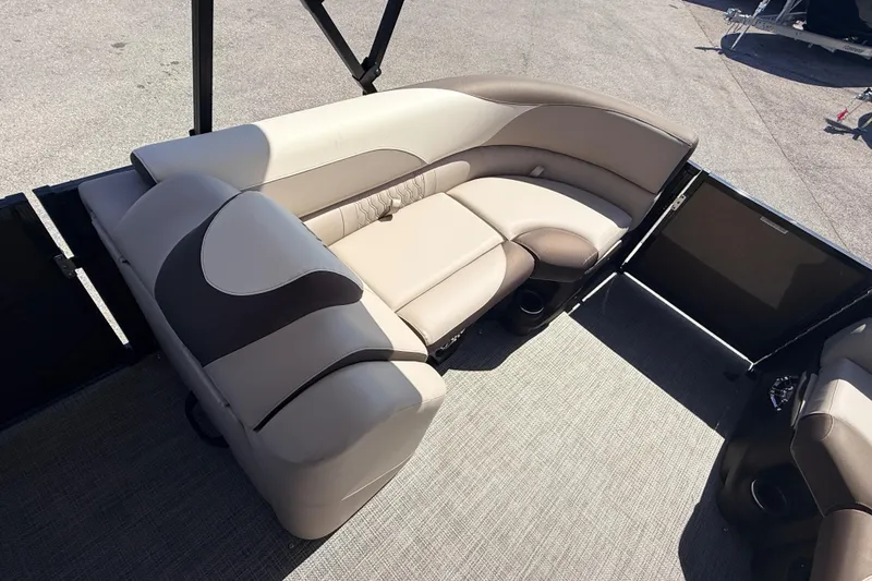 Slide: The Image of Luxurious seating on 2026 Avalon 2385 LSZ Rear Fish Tri Toon boat, high-performance design. - 14