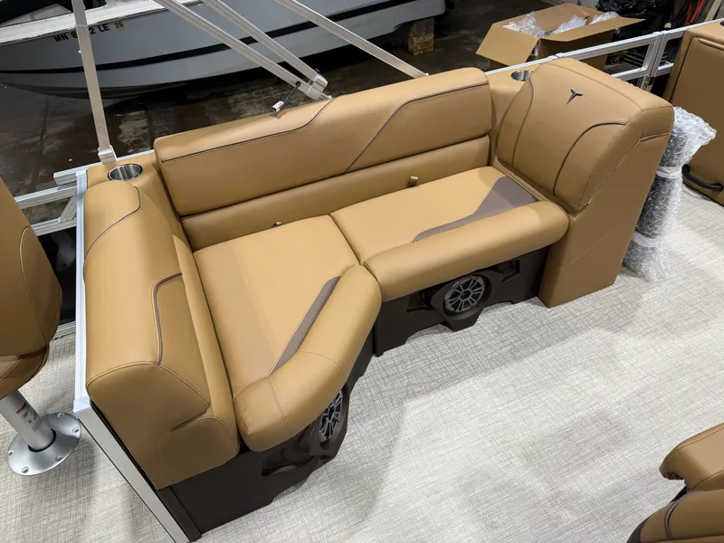 Slide: The Image of 2026 Tahoe pontoon boat seating area with speakers. - 17