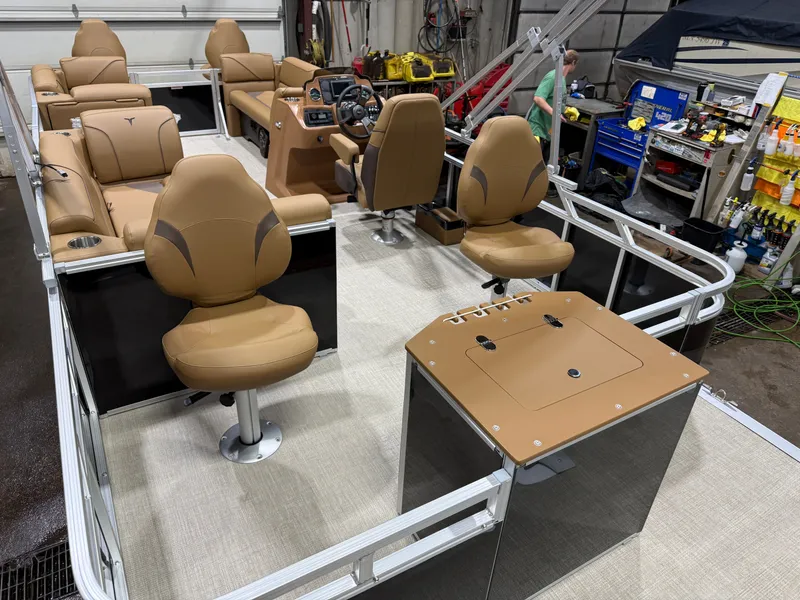 Slide: The Image of Interior of 2026 Tahoe Sport 23E80 Pontoon with leather seats. - 21