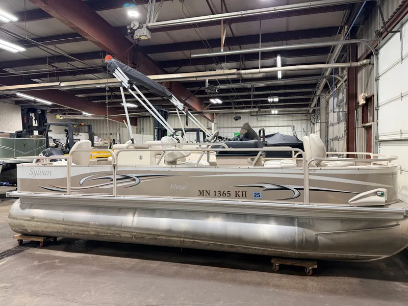 Slide: The Image of 2008 Sylvan Mirage 8520 Party Fish pontoon boat in warehouse. - 45