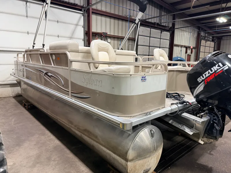 Slide: The Image of 2008 Sylvan Mirage 8520 Party Fish pontoon boat in warehouse. - 47