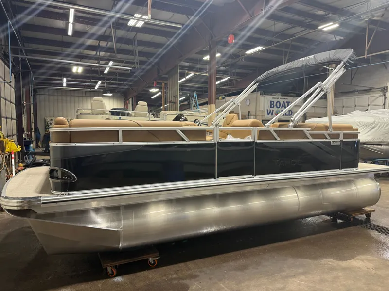 Slide: The Image of 2026 Tahoe Sport 1980 Cruise pontoon boat in warehouse. - 34