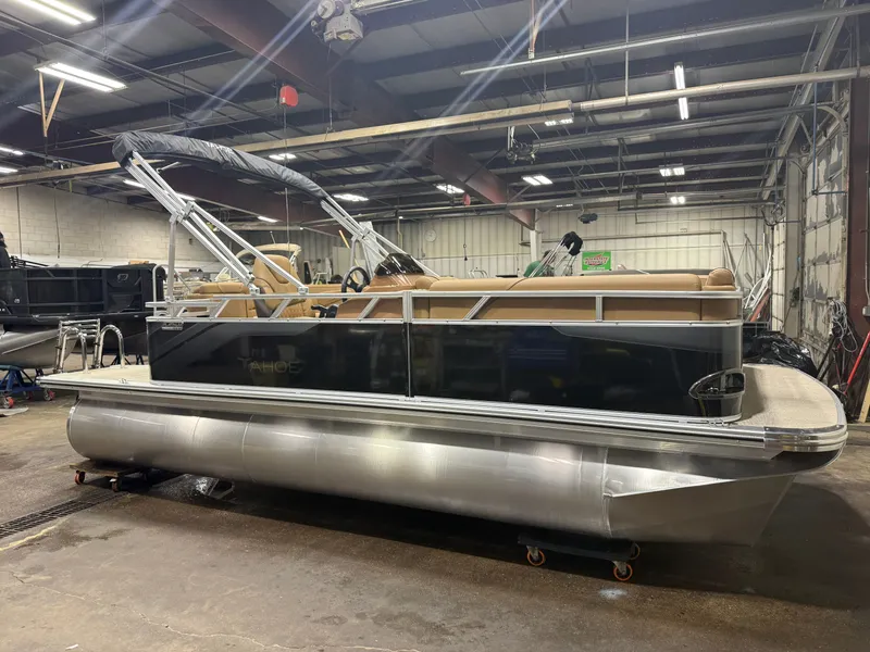 Slide: The Image of 2026 Tahoe Sport 1980 Cruise pontoon boat in warehouse. - 42