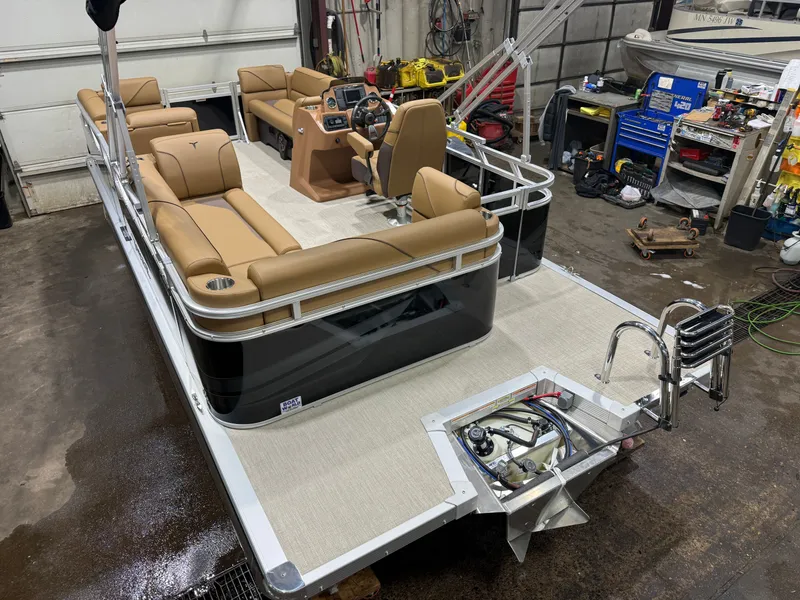 Slide: The Image of 2026 Tahoe Sport 1980 Cruise pontoon boat in workshop. - 43