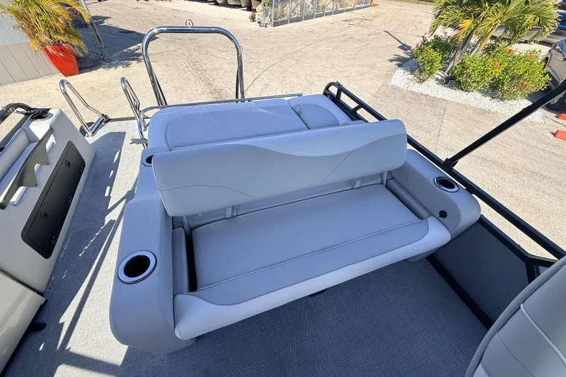 Slide: The Image of 2026 Avalon 2385 LSZ Versatile Rear Bench, Tri Toon High Performance boat interior with sleek seating. - 13