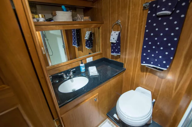 Slide: The Image of Luxurious 2005 Navigator 4400 Pilothouse bathroom with wood paneling and polka dot towels. - 21