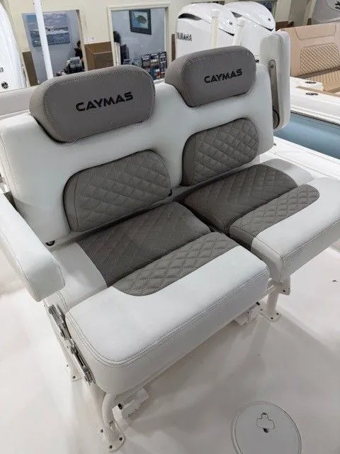 Slide: The Image of 2024 Caymas 28 HB boat seats with gray upholstery design. - 8