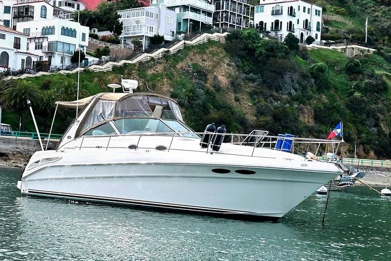 The Image of 2002 Sea Ray 340 Sundancer yacht docked near scenic hillside homes. - 0