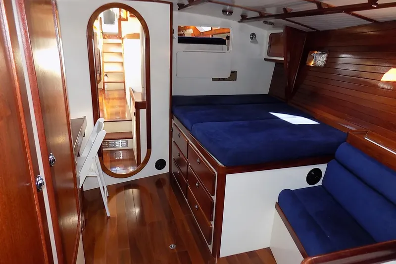 Slide: The Image of Luxurious 2014 Custom Aluminum Expedition yacht interior with wooden finish and blue upholstery. - 36