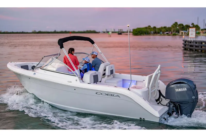 The Image of Manufacturer Provided Image: 2025 Cobia 220 Dual Console boat cruising on calm waters at sunset. - 0