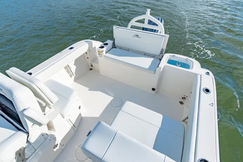 Slide: The Image of Manufacturer Provided Image: 2025 Cobia 220 Dual Console boat interior on water, featuring spacious seating and sleek design. - 14