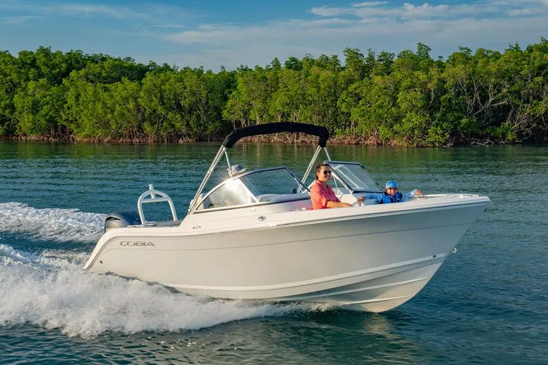 Slide: The Image of Manufacturer Provided Image: 2025 Cobia 220 Dual Console boat cruising on a scenic waterway. - 3