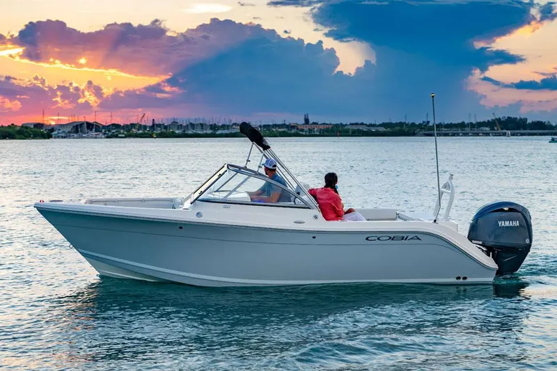 Slide: The Image of Manufacturer Provided Image: 2025 Cobia 220 Dual Console boat cruising at sunset on calm waters. - 4