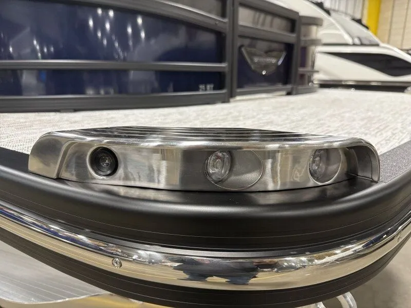 Slide: The Image of Close-up of 2026 Bennington 25RTFB boat with stainless steel details. - 13