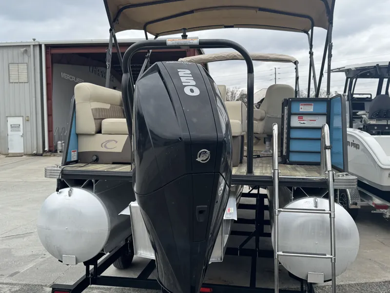 Slide: The Image of 2020 Crest 240 Platinum pontoon boat with outboard motor. - 4