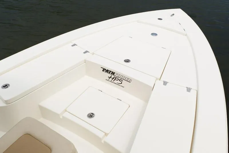 Slide: The Image of Manufacturer Provided Image: Pathfinder 2300 HPS 2026 boat deck with storage compartments, white finish. - 2