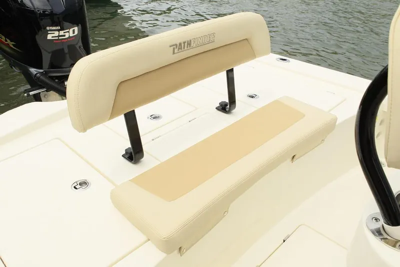 Slide: The Image of Manufacturer Provided Image: 2026 Pathfinder 2300 HPS boat seating with beige cushions and Evinrude 250 engine. - 5